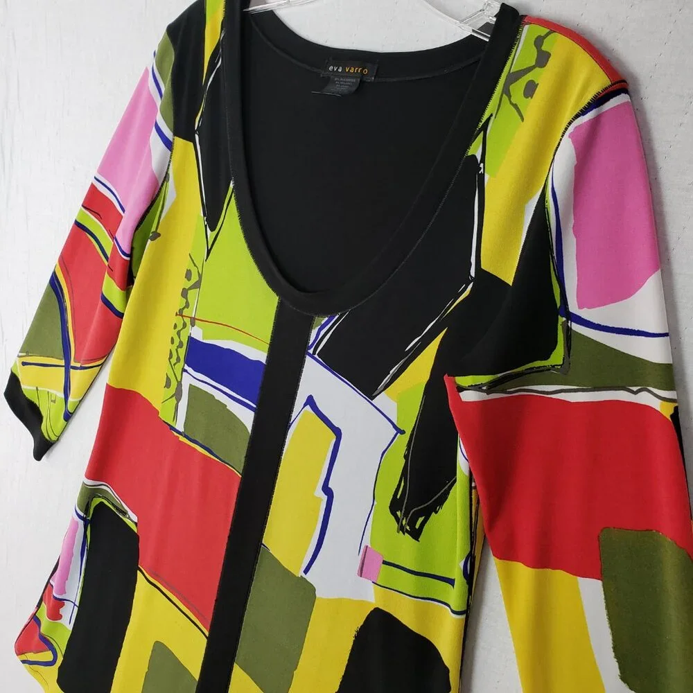 Eva Varro Tunic Top Abstract Print Colorful Art-to-Wear Slinky Lagenlook size M